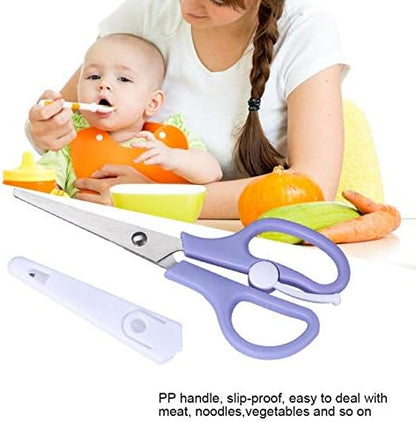 Close up of the blunt edge design on the baby food shears blade