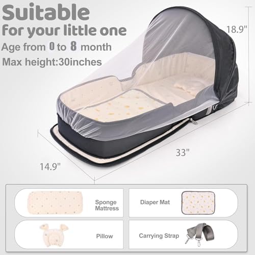 YVMVDV lightweight travel bassinet folded into a compact backpack with dual shoulder straps for outdoor carrying.