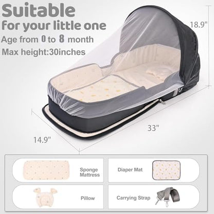 YVMVDV lightweight travel bassinet folded into a compact backpack with dual shoulder straps for outdoor carrying.
