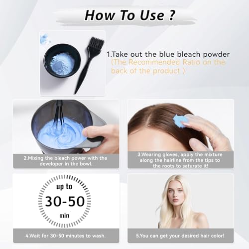 Application of blue hair bleach powder paste on sectioned hair for DIY highlights