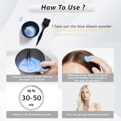Application of blue hair bleach powder paste on sectioned hair for DIY highlights