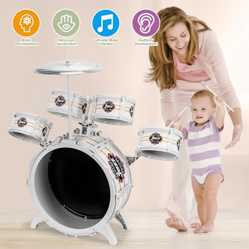 OoneWiser 5 piece toy jazz drums with cymbal and drumsticks for children.