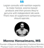 Complete packaging overview of authentic USA sourced Legion sports nutrition product.