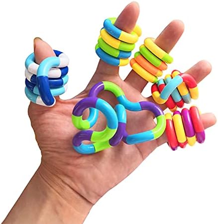 Close up of vibrant multicolor plastic twisty fidget chain links