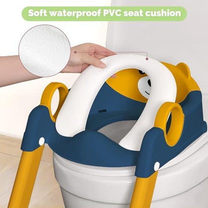 COOSEYA kids step stool being used independently by a toddler at the bathroom washbasin sink.