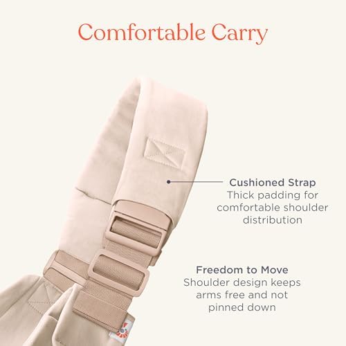 Ergobaby adjustable cotton toddler carrier showing the ergonomic wide bucket seat.