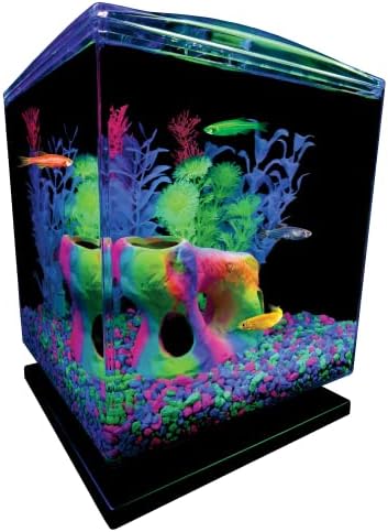 GloFish gravel in fish tank under blue LED light