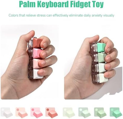 Mintcaps stress relief keyboard keychain attached to a backpack showing its portable design.