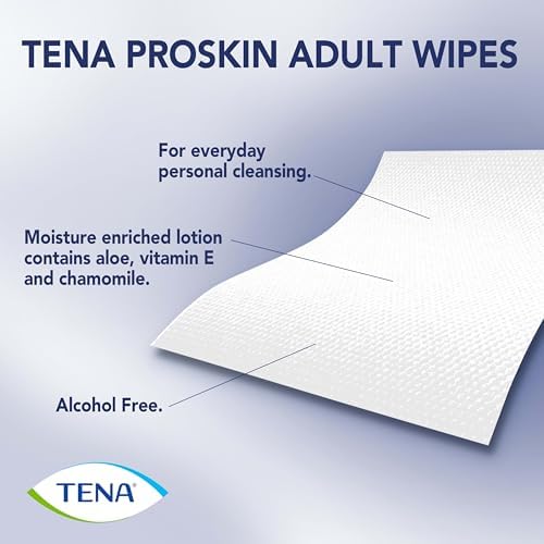 Close up of TENA adult wet wipes highlighting the aloe, vitamin E, and chamomile formulation.