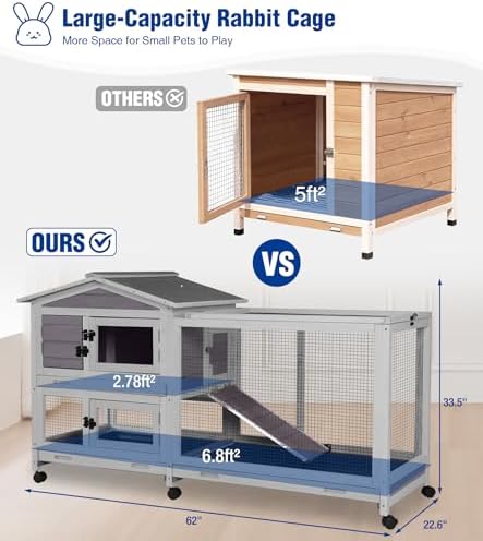 Large Rabbit Hutch Indoor, Bunny Cage Outdoor with Chew-Proof Ramp, 2-Story Guinea Pig Cages with 6 Wheels, 3 Pull-Out Trays, Waterproof Asphalt Roof, 62" L - Grey - Image 5