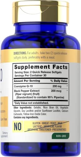Carlyle CoQ10 dietary supplement packaging with black pepper extract for enhanced absorption supplement facts panel