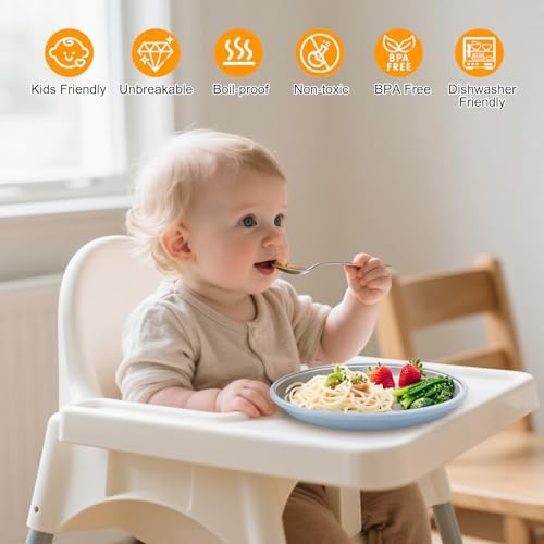 Four pack of Jveoo nine inch stainless steel baby feeding plates