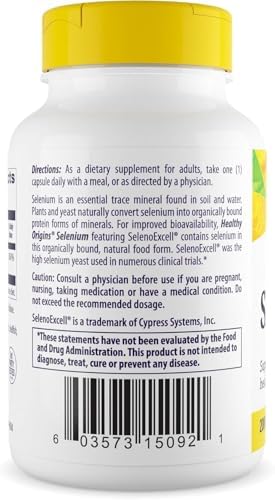 Healthy Origins SelenoExcell Selenium 180 Capsules supplement facts and ingredients label