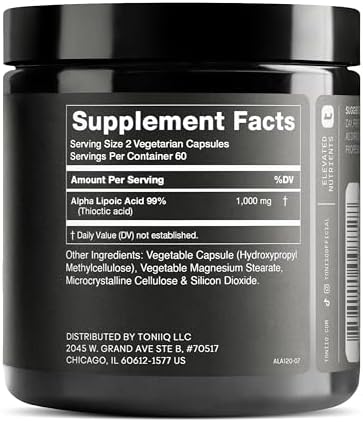 Toniiq ALA supplement 120 capsules nutritional label details