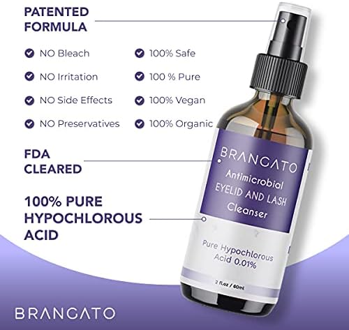 Brangato 0.01 percent pure hypochlorous acid solution for eyelash hygiene.