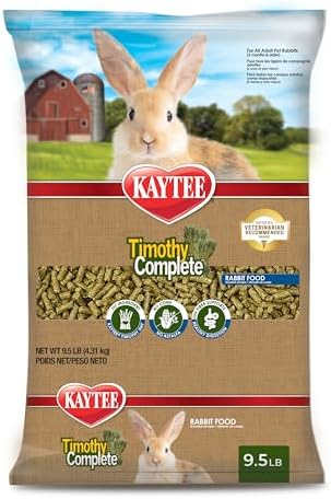 Kaytee high fiber rabbit food pellets showing dense texture for dental health.