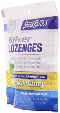 Silver Biotics nano silver throat lozenges showing individual wrap design and natural ingredients layout