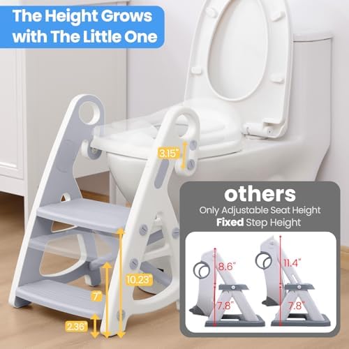 Side angle of the grey Primlect baby potty training ladder highlighting the easy-grip handles.