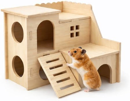 Tiny Hamster Maze Wood House Fun Slide House Double-Decker Hut for Dwarf Gerbil Mouse Mice Rat Small Animals(Only for Small Hamster) - Image 2