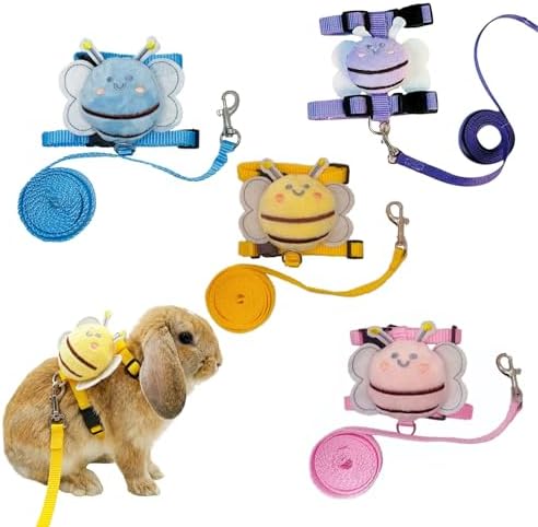 Adjustable rabbit harness with plush bee decoration in pink and yellow colors