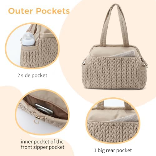 Lukjojo Asha Diaper Bag Tote detailed view of quilted panel and pom-pom