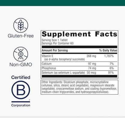 Metagenics Vitamin E and Selenium dietary supplement facts label overview