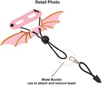 Bearded dragon wearing pink wing harness outdoors