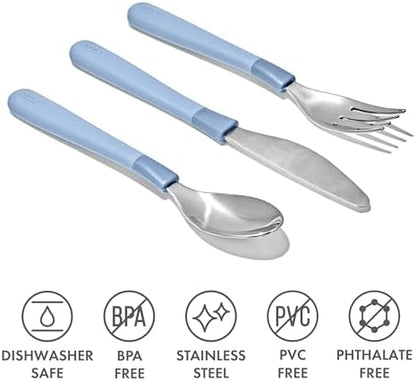 Toddler using Oxo Tot Dusk blue cutlery set