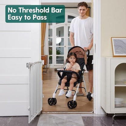 Babelio carbon steel child safety barrier highlighting the no bottom bar layout to prevent tripping.