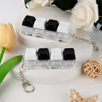 Packaging layout of the two-piece mechanical button stress relief gifts showing both portable keychains.