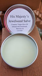 His Majesty's Jewelweed Salve authentic imported container highlighting the lavender and beeswax blend