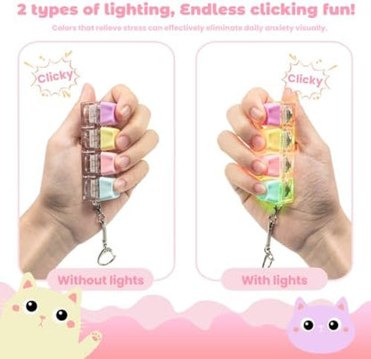 Yellow cat shaped 4 button linear keyboard fidget keychain displaying the smooth matte finish keycaps