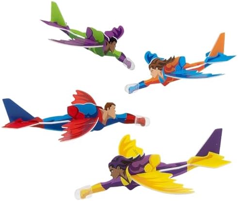 Assorted multicolor foam flying airplane toys with superhero graphics layout showing easy slot assembly system.