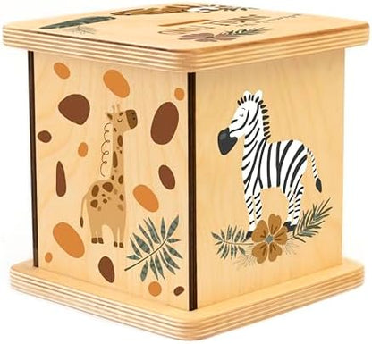 BloomOwl earthy jungle square coin bank premium wood grain side profile view