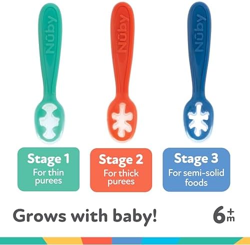 Flexible food grade silicone baby spoons being held to demonstrate the soft material