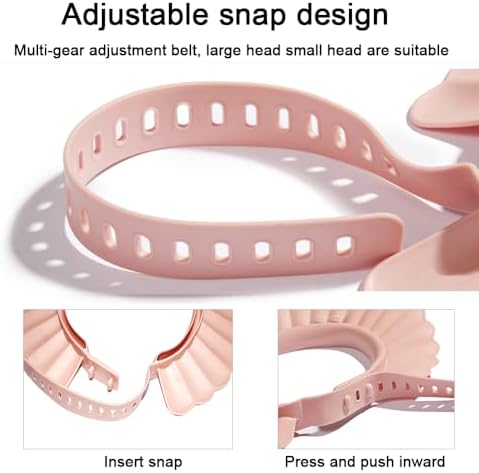 Pink toddler shampoo hat angled view showcasing the protective wide brim design