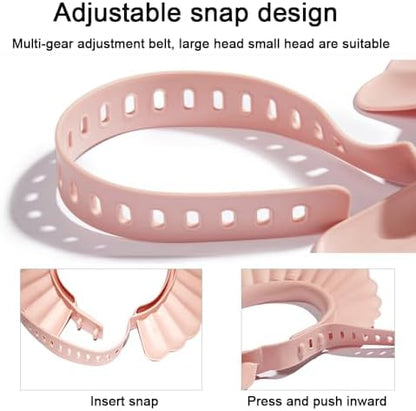 Pink toddler shampoo hat angled view showcasing the protective wide brim design