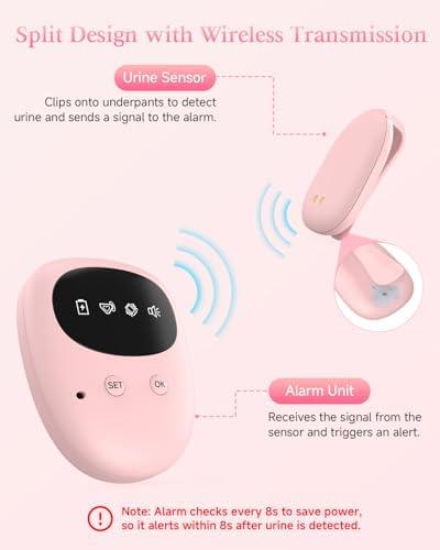 Wireless moisture sensor clip for nighttime potty training on pink background.