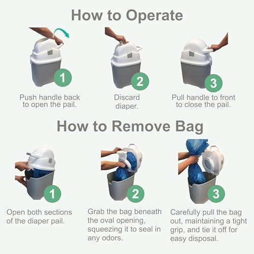 Foundations mini diaper pail showing standard bag compatibility