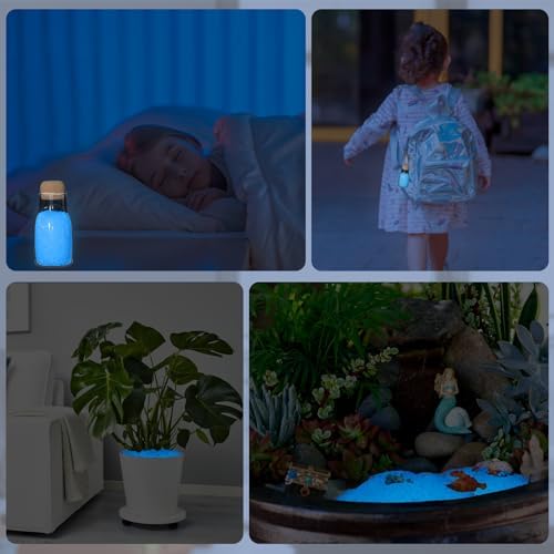 Educational display of luminous stones in a clear water container