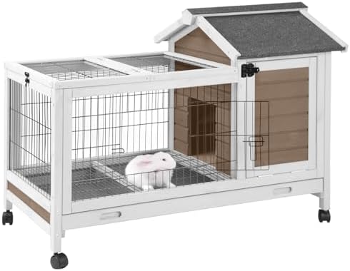 Wooden Rabbit Hutch Indoor and Outdoor, Rabbit Cage with Removable Wire Netting and Leak Proof Tray, Mobile Bunny Cage with Wheels (Brown) - Image 2