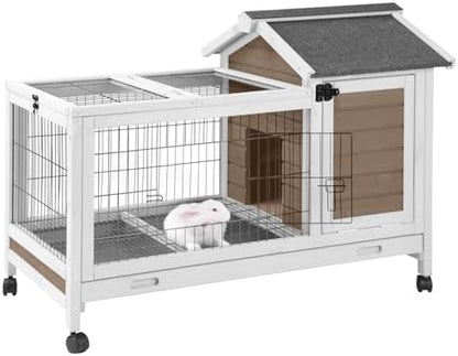 Wooden Rabbit Hutch Indoor and Outdoor, Rabbit Cage with Removable Wire Netting and Leak Proof Tray, Mobile Bunny Cage with Wheels (Brown) - Image 2