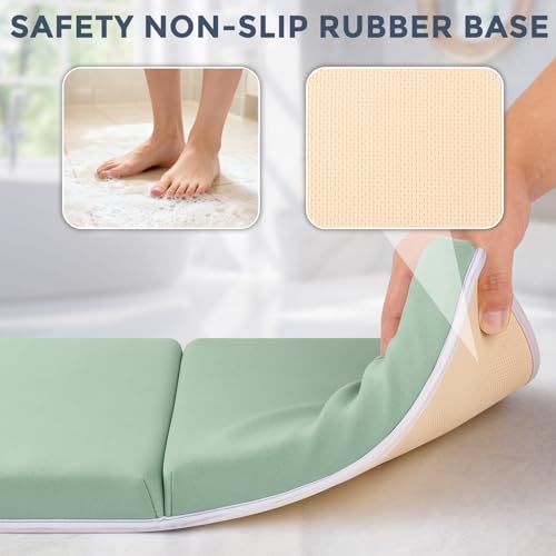 Beiens thick baby bathing knee cushion being folded neatly for compact storage in a modern home bathroom.