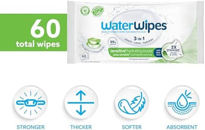 WaterWipes 3 in 1 sensitive baby wipes with aloe vera packaging showing ingredient list and certifications