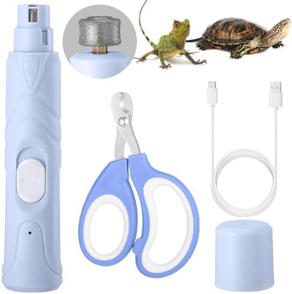 Lasnten reptile grooming kit with electric nail file and manual clippers on white backdrop.