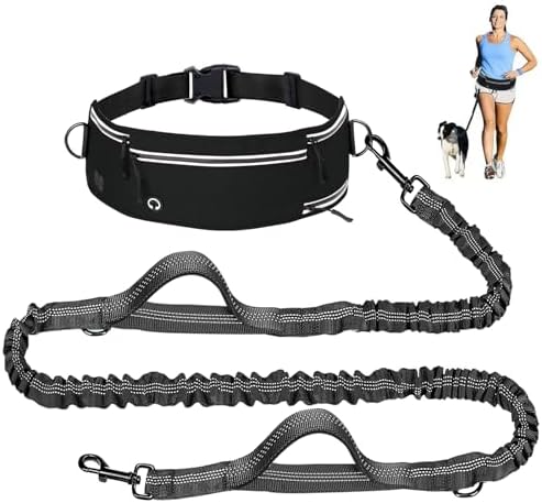 Adjustable waist belt dog running leash with dual padded handles.