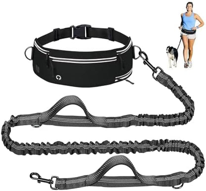 Adjustable waist belt dog running leash with dual padded handles.