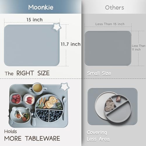 Stain resistant Moonkie baby food mat being wiped clean with a damp cloth.