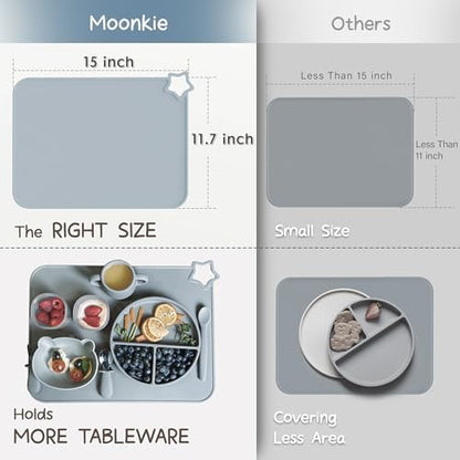 Stain resistant Moonkie baby food mat being wiped clean with a damp cloth.
