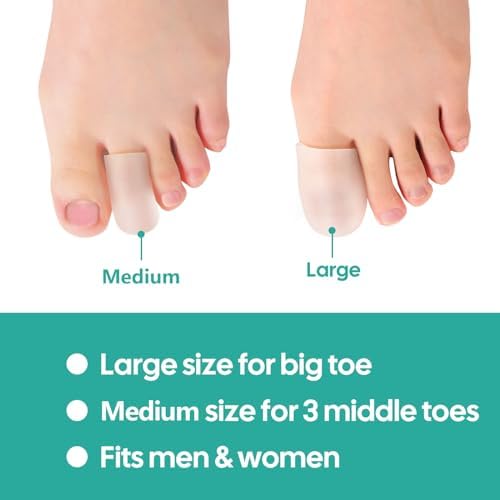 Transparent toe protectors applied to toes to prevent blisters and corns.